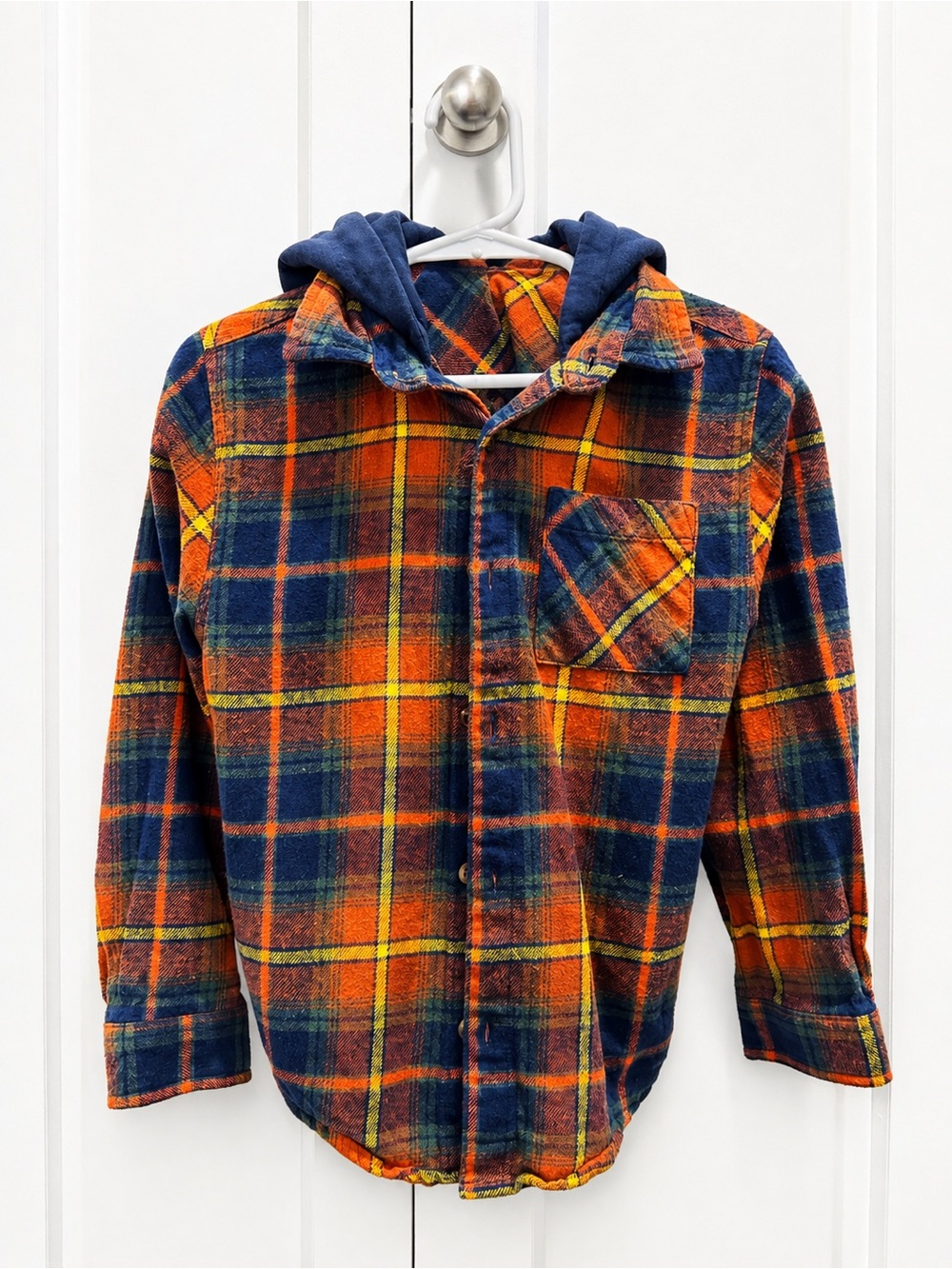 Primark Orange & Navy Plaid Hooded Button-Down Shirt